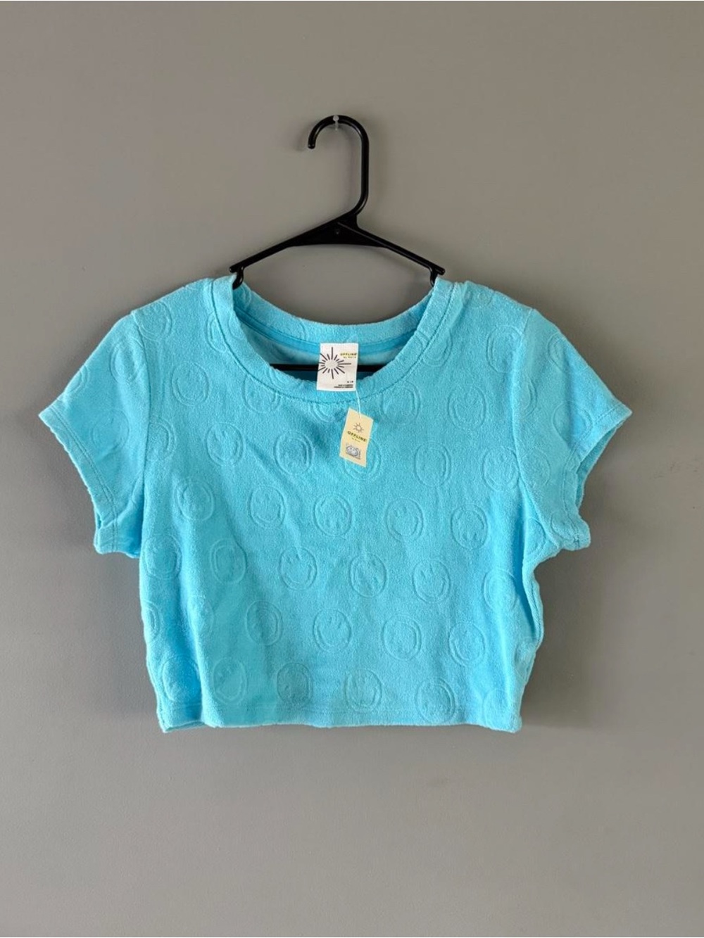 Aerie Sky Blue Short-Sleeve Crop Top w Smiley Faces Medium NWT